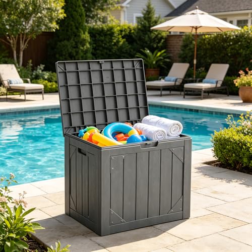 MAKE CHANGES Outdoor Storage Box,30 Gallon Deck Box Outdoor Storage Bench Outside Waterproof Resin Storage Bench, Lockable Patio Cushions, Garden Tools Storage For Furniture, UV Resistant(Gray
