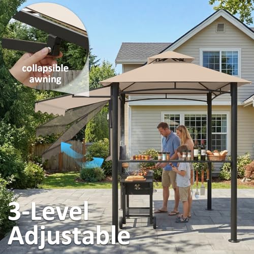 CHARMELEON 8x8 FT Grill Gazebo, Grill Canopy with Big Awning&2 Side Shelves&6 Hooks&Bottle Opener, Powder-Coated Steel BBQ Shelter for Patio Backyard Outdoor Grilling-Beige
