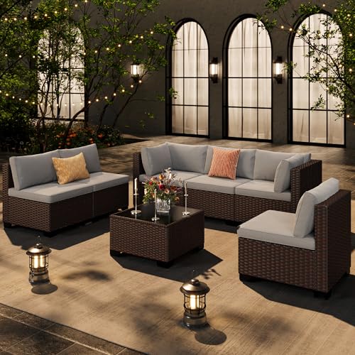 Ahomly 7-Piece Patio Furniture Set, Outdoor Sectional Couch with Water-Resistant Cushions & Coffee Table, PE Rattan Outdoor Patio Sofa Set for Backyard, Deck, Garden, or Porch, Grey