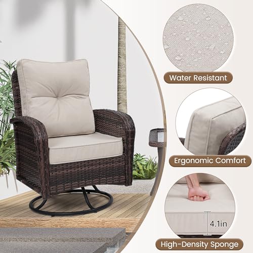 wildformers Luxury Outdoor Swivel Wicker Glider Patio Chairs with Table Set, Overstuffed Washable Cushions, Ideal for Porch, Balcony, Deck, Brown Rattan and Beige Cushion