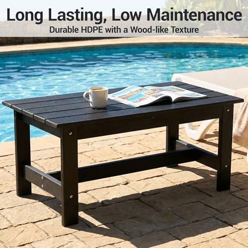 WiNVO HDPE Outdoor Coffee Table, Rectangle Patio Coffee Table, All-Weather Side Table for Balcony, Poolside, Deck, Garden, Black, 37.7''L x 20.8''D x 17.7''H