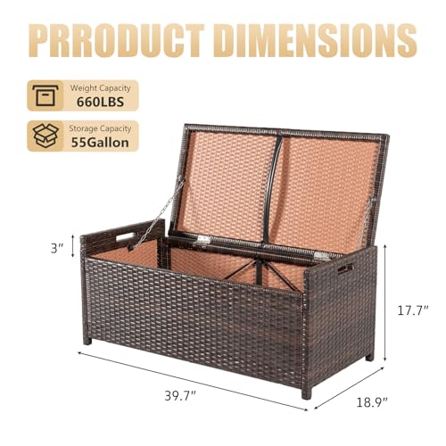 PROHIKER 2-in-1 Wicker Deck Box Bench, All-Weather 55 Gallon Outdoor Storage Box with Cushions and Waterproof Bag, Rattan Storage Bench for Pool Tools, Outdoor Equipments and Garden Tools, Brown/Beige