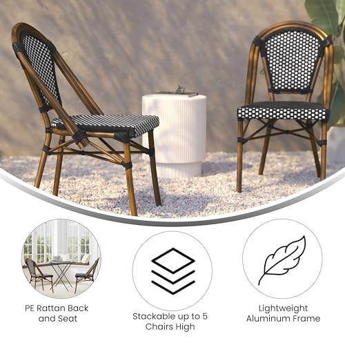 Flash Furniture Bordeaux Set of 2 Indoor/Outdoor Commercial Bistro Stack Chairs - Black/White PE Rattan Back and Seat - Natural Bamboo Print Aluminum Frame