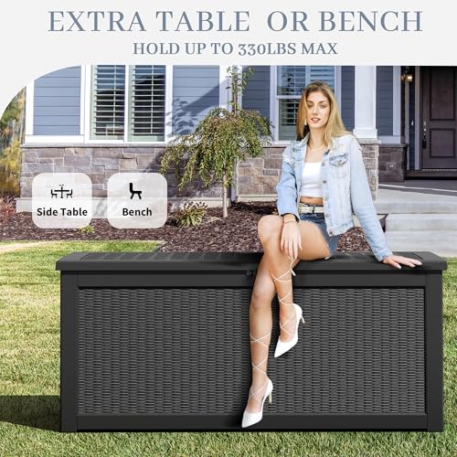 WTFGO 320 Gallon Outdoor Storage Box, Resin Deck Boxes Outdoor Waterproof For Patio Furniture, Garden Tools, Pool Supplies, Lockable And UV Resistant (Rattan Black)