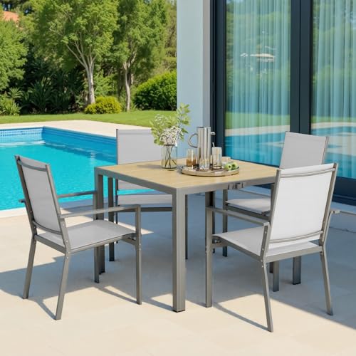 Ahomly Patio Table and Chairs Set for 4, All-Weather Outdoor Dining Set with Umbrella Hole, Outdoor Table and Chairst for Patio, Lawn, Garden, or Deck, Rustproof Steel Frame, Grey