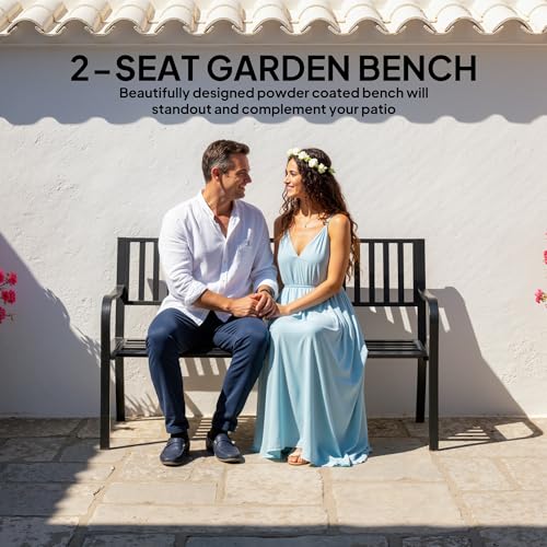 Outsunny 50" Outdoor Garden Bench, Patio Bench with Slatted Seat, Metal Porch Bench for Backyard, Poolside, Lawn, Black