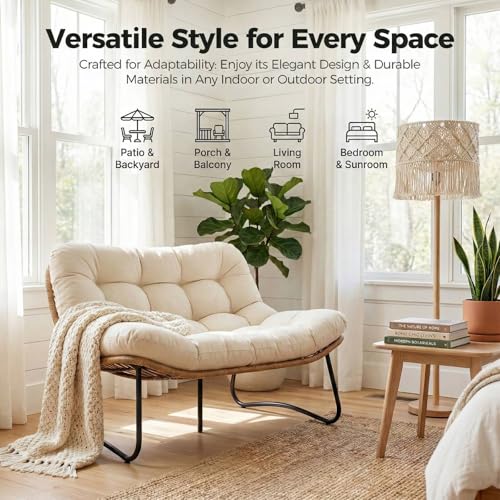 RADIATA Outdoor Patio Loveseat, Boho Lounge Couch with Comfy Thick Cushion, Durable Wicker Papasan Loveseat Furniture, 2 Person Small Balcony Couch for Apartment Porch Backyard Poolside, Beige