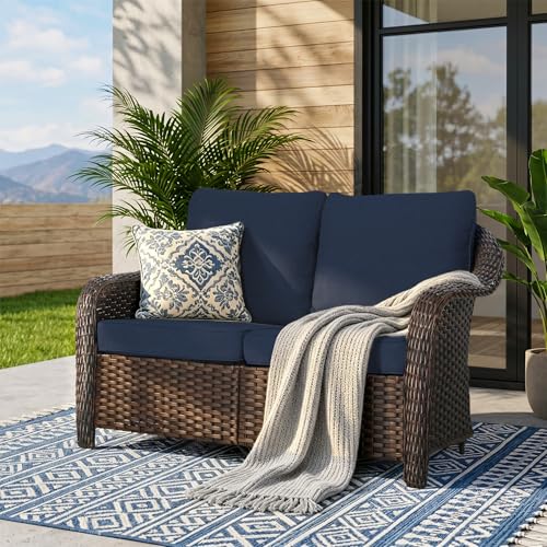 Qsoer 55 inch Outdoor Wicker 2 Seater Sofa, All-Weather Use Patio Rattan Loveseat with Seat and Back Cushion, Ideal for Porch, Backyard, Balcony, Poolside, Blue
