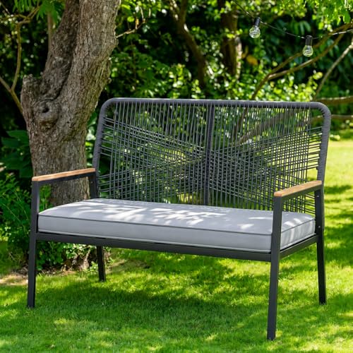 LIFERUN Outdoor Rattan Loveseat Bench, 43" Patio Bench for 2 with 3.15" Cushion,704LBS, Wicker Patio Furniture Seating, Curved Backrest, WPC Armrests, 500 lb Capacity for Porch Balcony Deck, Grey