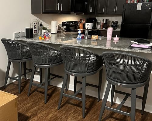 PURPLE LEAF Outdoor Bar Height Stools Set of 2 Patio Metal Modern Wicker Rattan Bar Chairs Woven Aluminum Barstools with Back and Cushions for Balcony Garden Indoor Kitchen Outside Gray