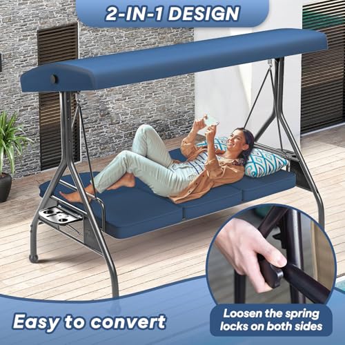 ZZW 3 Seat Outdoor Porch Patio Swing with Stand 800lbs 2-in-1 Convertible Swing Bed with Adjustable Canopy & Removable Cushion for Yard Garden Deck (Blue, Round Tube)