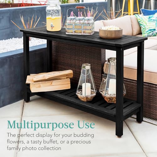 Best Choice Products 48in 2-Shelf Eucalyptus Wooden Console Table Indoor Outdoor Multifunctional Buffet Bar Storage Organizer w/Foot Sliders - Black