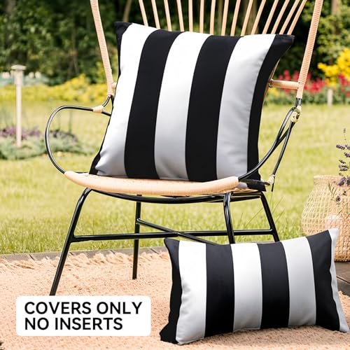 WESTERN HOME WH Pack of 2 Decorative Outdoor Waterproof Striped Throw Pillow Covers Polyester Garden Modern Farmhouse Striped Cushion Cases for Patio Tent Balcony Couch Sofa 18x18 inch Black