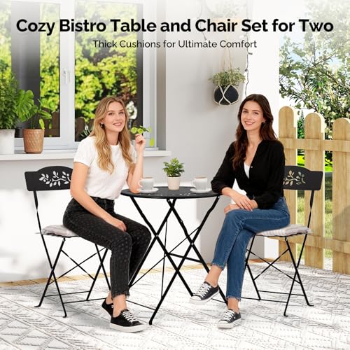 VINGLI Outdoor Folding Bistro Table and Chairs Set of 2, 3-Piece Bistro Set with Olive Leaf Cutout Design and Comfortable Cushions for Patio, Balcony, Garden, Porch, Yard, Black