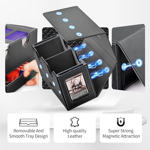 UAONO Card Deck Box for MTG, Double Storage Box with 2 Commander Display & 1 Dice Tray, Fits 200+ Double Sleeved, Organizer for CCG TCG Sports(Black Gray)