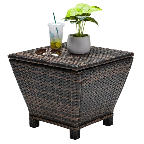 VINGLI Outdoor Side Table with Storage, 13-Gallon Patio Deck Box Outdoor Wicker Side Table for Poolside Balcony Storage Table (Brown, Trapezoid)