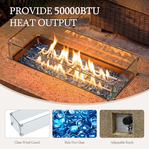 UPHA 50-inch Outdoor Patio Propane Gas Fire Pit Table 50000 BTU Concrete Round Firepit with ABS Tank Hidden Table, Wind Guard, Blue Glass Rocks, Rain Cover, Natural Wood Finish