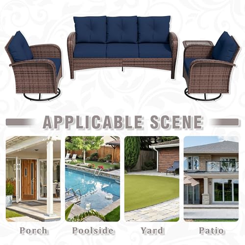 Qsoer 4 Piece Patio Conversation Set - 2 Swivel Chairs 1 Coffee Table 3-Seater Sofa, PE Wicker & Steel Patio Furniture with Heavy-Duty Steel Frame,Weatherproof Cushions, Blue