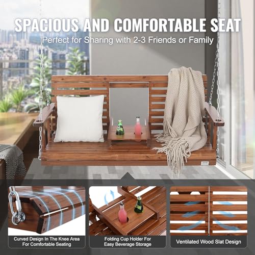 VEVOR Wooden Porch Swing 5 ft, Patio Bench Swing for Courtyard & Garden, Upgraded 880 lbs Strong Load Capacity, Heavy Duty Swing Chair Bench with Hanging Chains for Outdoors, Brown