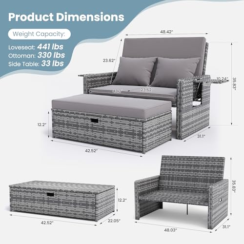 Amopatio Wicker Outdoor Daybed, Outdoor Loveseat with Storage Ottoman, Rattan Patio Daybed, Patio Loveseat with 4-Level Adjustable Backrest & Folding Tray, for Yard, Balcony, Porch, Poolside, Grey