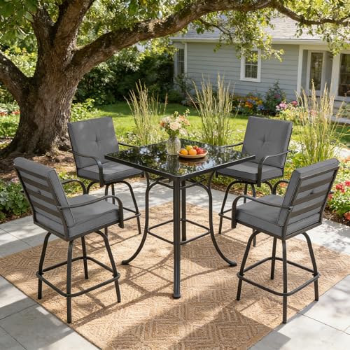 STRPRETTY BASIC Outdoor Swivel Bar Stools Set of 4, Patio Bar Height Swivel Stools with Cushions for Garden Balcony Backyard, Grey