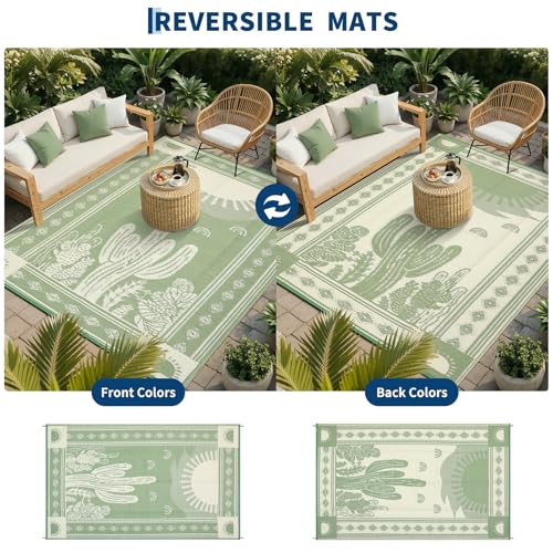Garvee Reversible Cactus Outdoor Rug 8x10 for Patio, Waterproof Outdoor Area Rug, Modern Desert Botanical Indoor Outdoor Rugs, Plastic Straw Rug for RV, Camping, Deck, Sage Green & Beige