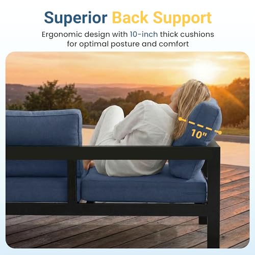 Wisteria Lane Patio Furniture Aluminum Loveseat, All-Weather Outdoor 2 Seats Sofa Couch, Patio Outdoor Sofa, Black Metal Chair with Blue Cushions