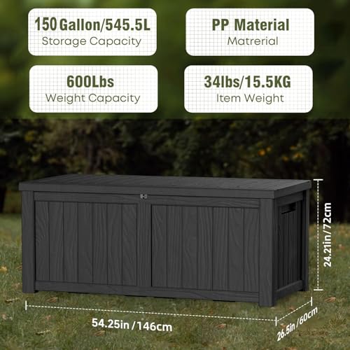 MAIUSCOLI 150 Gallon Waterproof Outdoor Storage Box,Resin Deck Box,Lockable Outside Storage Box Container for Patio Furniure,Garden,Tools (150 Gallon,Black)
