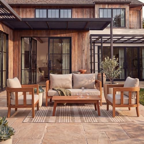 SAFAVIEH Outdoor Patio Furniture - Owen 4-Piece Set - Sand & Taupe - Acacia Wood - Conversation Set with Detachable Cushion Covers - Ideal for Patio, Deck, Porch, Backyard (PAT9510A-KIT2)