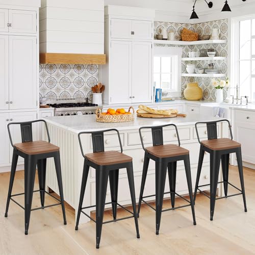 HAOBO Home 24" Outdoor Barstools Patio Stool Metal Bar Stools Set of 4 Counter Height Barstools with Wood Plastic Seat Industrial Bar Chairs Metal Kitchen Stools