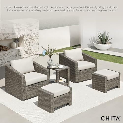 CHITA 5 Pieces Swivel Wicker Patio Furniture Set, Outdoor Conversation Set with 2 Pieces Rattan Swivel Chairs, 2 Pieces Ottomans, Thickened Cushions and Side Table, Beige Cushions with Grey Wicker