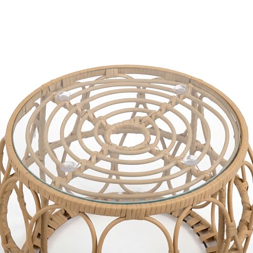 Furniture of America Ysar Boho Rattan Round Coffee Table Outdoor with 5mm Tempered Glass Top, All-Weather and Rust Resistant Patio Furniture