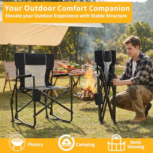 HAPPYMONT Folding Rocking Chair for Adults - Outdoor Camping and Lawn Chair with Breathable Mesh, Detachable Waterproof Armrests and Cup Holder – Portable Travel Seat, Black