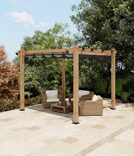 KYBOLT 10x10 Ft Outdoor Pergola Aluminum Pergola with Retractable Canopy Wood-Grain Sun Shade Shelter for Garden Patio Backyar Deck(Gray)