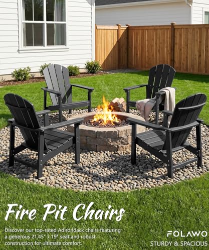 FOLAWO Adirondack Chair Set of 4, All Weather HDPE Fire Pit Chairs, Oversized Plastic Adirondack Chair for Outdoor, Balcony, Deck, Backyard, Patio, Garden, Poolside, Lawn Black