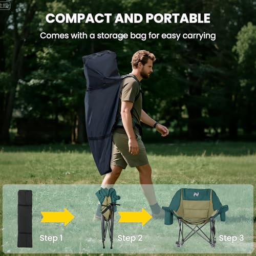 NAIZEA Folding Rocking Camping Chair, Portable Outdoor Rocker with Cooler Bag - 400lbs Capacity, 600D Oxford Fabric, Easy Fold Padded Rocker Chair for Patio, Lawn, Camping, Backyard, Beach
