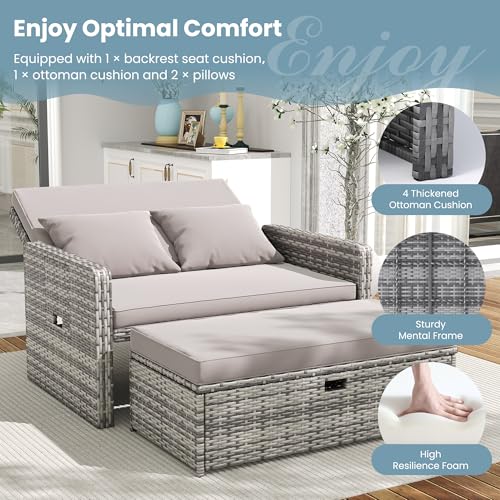 Amopatio Wicker Outdoor Daybed, Outdoor Loveseat with Storage Ottoman, Rattan Patio Daybed, Patio Loveseat with 4-Level Adjustable Backrest & Folding Tray, for Yard, Balcony, Porch, Poolside, Grey