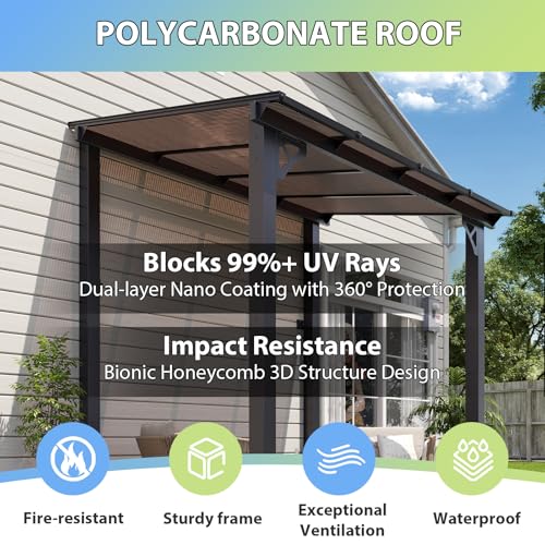 Aoxun 8’x 5’ Premium Gazebo with Aluminum Top Frame & Polycarbonate Panel, Wall Mounted Gazebos Pergola, Outdoor Patio Lean to Gazebo, Awnings with Sloped Roof, for Backyard, Porch, Deck