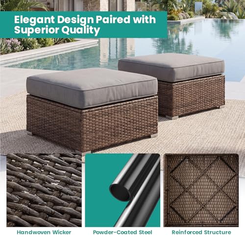 SUNBURY 2 Piece Outdoor Wicker Patio Ottoman Set, 30" Large Square Footrest with Thick Removable Cushion, All-Weather PE Rattan Stool for Backyard Poolside Porch, Grey