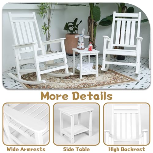 HRVEOCEI Oversized Outdoor Rocking Chair Set of 2 with Table, HDPE Patio Racking Chairs for Front Porch Outside All Weather, 300 LBS Capacity (Set of 2, White)