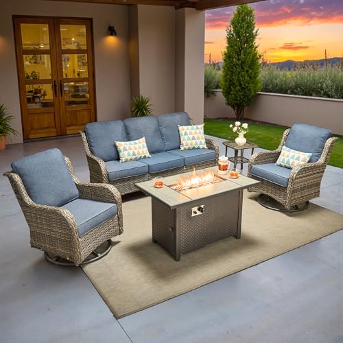 ovios 5-Piece Patio Furniture Set with Swivel Chairs Side Table, Outdoor Wicker Sofa with 42" Fire Pit Table, High Back Couch Modern Conversation Sets, Grey/Denim Blue