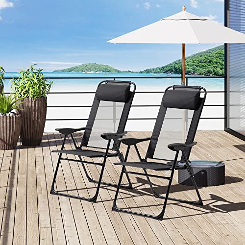 Outsunny Folding Patio Dining Chairs Set of 2, Outdoor Deck Chair with Adjustable Sling Back, Camping Chair with Removable Headrest for Garden, Backyard, Lawn, Black