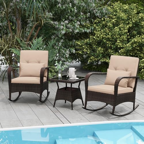 COSTWAY Outdoor Rocking Chairs Set of 2, 3 Piece PE Wicker Patio Bistro Set with Coffee Table & Thick Cushions, Rattan Patio Rocker Furniture for Front Porch Lawn Garden Backyard Deck Poolside (Beige)
