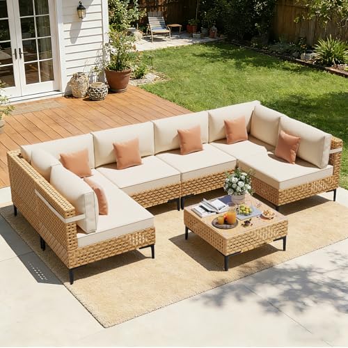 ABCASA Patio Furniture Set, 110" Large 7-Piece Wicker Outdoor Patio Furniture Sets with Anti-Slip Cushions & Coffee Table,Boho Patio Conversation Set Sectional Sofa for Backyard,Porch,Beige