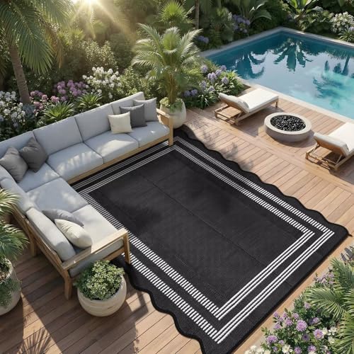 Garvee Waterproof Outdoor Rug 9x12, Scalloped Geometric Foldable Plastic Straw Patio Camping Rug, Outdoor RV Carpet for Deck Camper Porch Balcony Backyard Picnic Beach Black and White