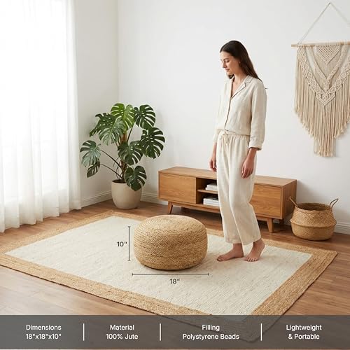 · REDEARTH · Jute Circular Low Pouf Ottoman - Braided Pouffe Accent Sitting Round Footrest for Living Room, Bedroom, Nursery, kidsroom, Patio, Gym; 100% Jute (18"X18"X10"; Natural)
