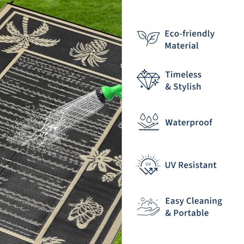 Garvee Outdoor Rug 5x8 Waterproof for Patios, Reversible Plastic Straw Rug, Tropical Leaf Indoor Outdoor Rugs, Large Area Rug for RV, Camping, Deck, Picnic Mat, Outside Carpet, Black & Brown
