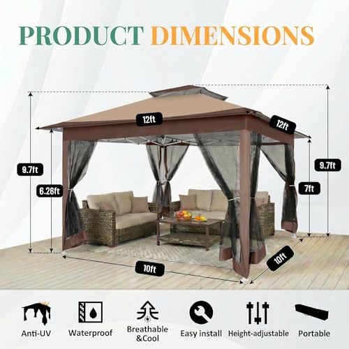 COBIZI 12x12 Pop Up Gazebos On Clearance - Upgrade Easy Up Metal Outdoor Gazebo Waterproof - Portable Gazebo with Mosquito Nettings, 4 Ropes 8 Stakes and Carry Bag for Patio Garden(Coffee)