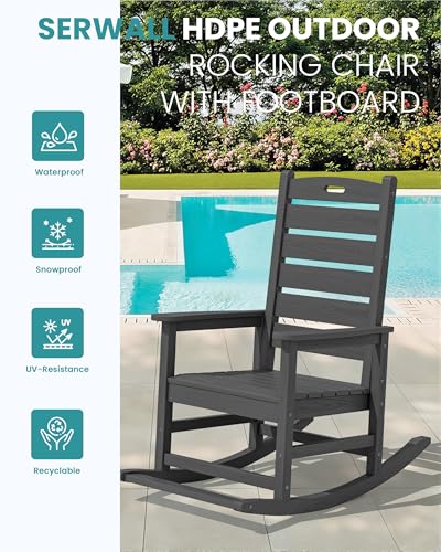 SERWALL Outdoor Rocking Chair Set of 2, Oversized Rocking Chair with Footboard for Adults, HDPE All Weather Resistant Rocking Chairs for Patio, 350lbs Weight Capacity, Gray