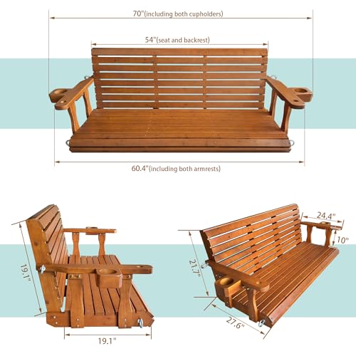 Wooden Porch Swing 3-Seater, Bench Swing with Cupholders, Hanging Chains and 7mm Springs, Heavy Duty 800 LBS, for Outdoor Patio Garden (Warm Teak Color, 5 FT Extra Large)
